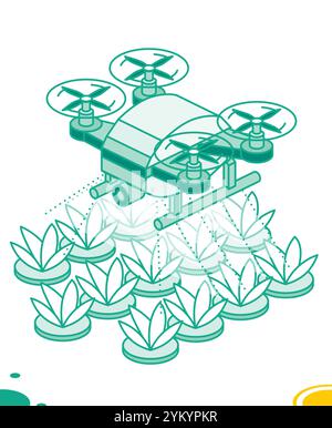 Drone isometrico che spruzza pesticidi sulle piante. Illustrazione vettoriale. Fattoria intelligente con drone per irrigazione. Oggetti di contorno. Il drone scansiona le piante. Innovazione Illustrazione Vettoriale