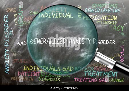 Disturbo d'ansia generalizzato Gad in fase di studio, esame - sotto stretta ispezione. Argomenti e idee più importanti strettamente legati a gad generalizzano Foto Stock
