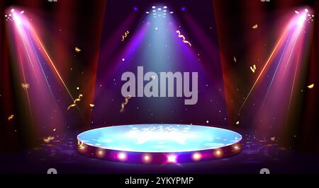 Piattaforma circolare illuminata con luci incandescenti sotto. Fasci di faretti e coriandoli dorati sparsi intorno al palco con lampadine per il vincitore del casinò e la presentazione e lo spettacolo dei giochi. Illustrazione Vettoriale