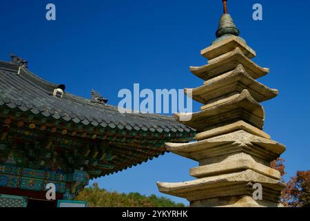 Yangyang, Corea del Sud - 3 novembre 2024: Una vista dettagliata della storica Pagoda di pietra a sette piani sullo sfondo del tetto ornato di Wontongbojeon Foto Stock