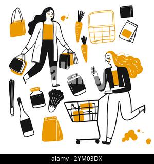 Il carattere distintivo delle persone che fanno shopping. Illustrazione vettoriale nello stile del doodle dello schizzo. Illustrazione Vettoriale
