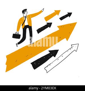 Linea di associazione con visione si trova su una grande freccia arancione e carica davanti, illustrazione vettoriale in stile schizzo a scarabocchio. Illustrazione Vettoriale