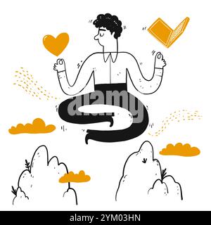 Uomo d'affari che meditava nel cielo. Disegnare a mano la linea art a doodle isolata su sfondo bianco Illustrazione Vettoriale