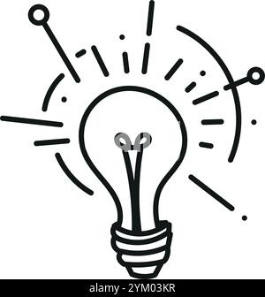 Lampadina con raggi luminosi. Simbolo di energia e idea isolato su sfondo bianco. Illustrazione lineart del doodle vettoriale disegnata a mano. Design per il saluto Illustrazione Vettoriale