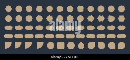 Etichette dei prezzi Starburst e Sunburst. Set di bolle vocali a forma di esplosione. Collezione di etichette per la spesa. Adesivi vintage beige su sfondo nero. Vettore Illustrazione Vettoriale