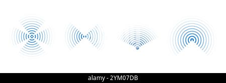 Le onde sonar attivano wi-fi wireless, linea radiale, radio, segnale della stazione radar. Scansione, anelli circolari ondulati. Illustrazione vettoriale Illustrazione Vettoriale