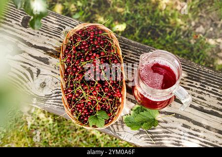 Ribes rosso fresco nel cestino e bevanda di ribes rosso sul tavolo di legno. Frutta dal giardino di casa. Rinfreschi estivi. Bevanda analcolica. Composta di ribes rosso. H Foto Stock