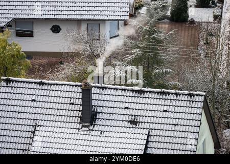 Rottweil, Germania. 20 novembre 2024. Un camino di un edificio residenziale sta fumando. Nevicava in molti luoghi del Baden-Württemberg durante la notte. Crediti: Silas Stein/dpa/Alamy Live News Foto Stock