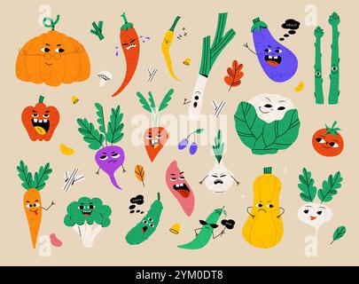 Simpatici personaggi vegetali con divertenti facce kawaii Illustrazione Vettoriale