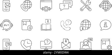 Set di icone della linea degli strumenti di assistenza clienti. Global Communication, FAQ, Online Assistance Outline Symbol Collection. Tratto modificabile. Vettore isolato Illustrazione Vettoriale