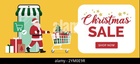Babbo Natale fa shopping online a Natale, esce da un negozio virtuale in un'app mobile su smartphone e spinge un carrello pieno di Chris Illustrazione Vettoriale