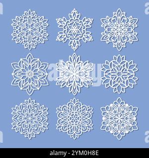 Fiocchi di neve aperti. Set di dime per taglio laser da carta, cartone, legno, metallo. Per il design delle decorazioni di Natale e Capodanno, Chri Illustrazione Vettoriale