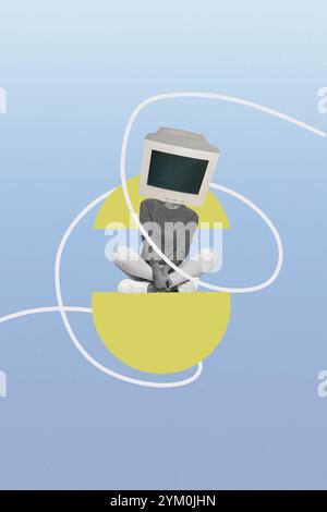Grafica di tendenza del collage 3D poster di schizzo composito di una persona astratta senza testa donna seduto computer monitor Head utente del cyberspazio freelance Foto Stock