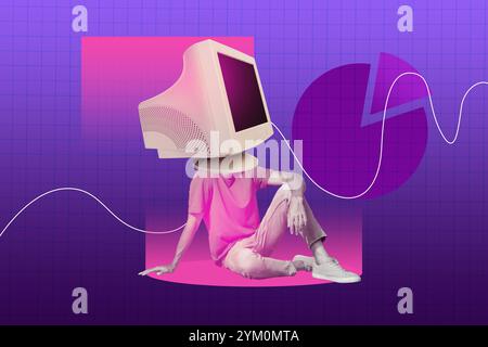 Modello di collage 3D modello grafico grafico tendenza schizzo di un giovane studente di spazio virtuale seduto monitor del computer visualizza grafica della testa Foto Stock