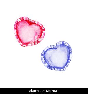 set acquerello di morbido cuscino a forma di cuore, schizzo disegnato a mano di cuscino rosa e blu con bordi arricciati, illustrazione di un accogliente simbolo di amore isolato Foto Stock