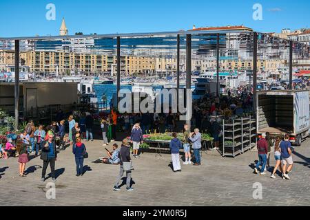 Marsiglia. Francia - 20 novembre 2024: Mercato all'aperto nel Porto Vecchio di Marsiglia con gente che acquista piante e prodotti locali, circondato da barche Foto Stock