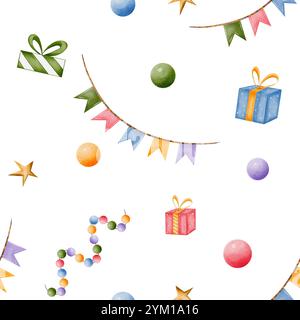 Vacanze. Motivo acquerello senza cuciture. Ghirlanda, perline, stelle, confezione regalo, texture oro. Elementi disegnati a mano per festeggiare, premi. Adatto per carte, diplomi e design Foto Stock