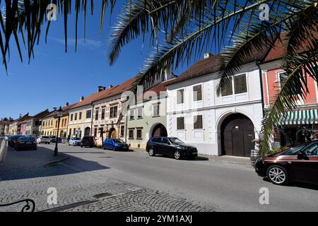 Rust, Austria - 23 marzo 2024: Strada principale della cosiddetta città delle cicogne sul lago Neusiedl con le sue case colorate e pittoresche nel mondo dell'UNESCO Foto Stock