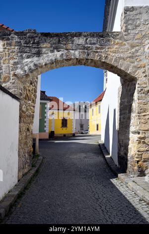 Rust, Austria - 23 marzo 2024: La vecchia porta della città con strade acciottolate e case colorate, sito patrimonio mondiale dell'UNESCO nel Burgenland Foto Stock