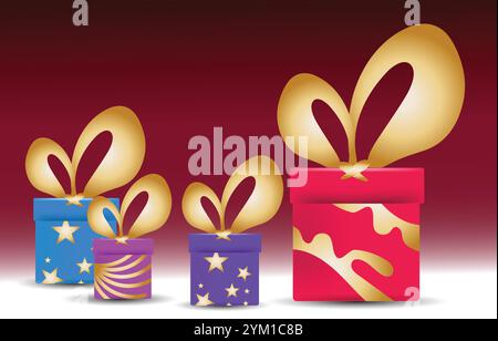 Le confezioni regalo confezionate con nastri dorati sono in attesa di essere aperte per natale, compleanno o altri festeggiamenti Illustrazione Vettoriale