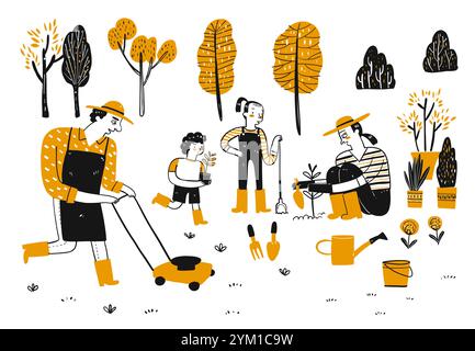 Attività delle persone nel giardinaggio. Illustrazione vettoriale disegna a mano lo stile del doodle. Illustrazione Vettoriale