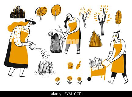 Attività delle persone nel giardinaggio. Illustrazione vettoriale disegna a mano lo stile del doodle. Illustrazione Vettoriale