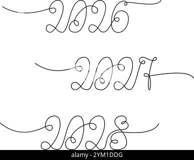 2026 2027 2028 lettere a mano date di Capodanno riga continua. Impostare 3 elementi del design dei biglietti d'auguri. Schede tematiche per illustrazione vettoriale isolata, post, opuscoli, banner, prezzo, promozione sull'etichetta o sul web Illustrazione Vettoriale