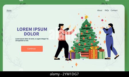 Decorazione dell'albero di Natale scena festiva con due persone che decorano un albero di Natale circondato da regali su un sito web di sfondo verde e bianco Illustrazione Vettoriale