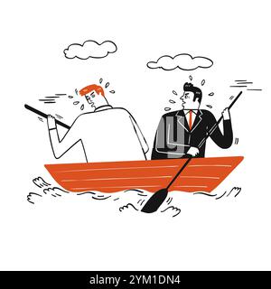Collezione di due uomini d'affari disegnati a mano che pagaiano su una piccola barca di legno. Illustrazioni vettoriali nello stile del doodle dello schizzo. Illustrazione Vettoriale