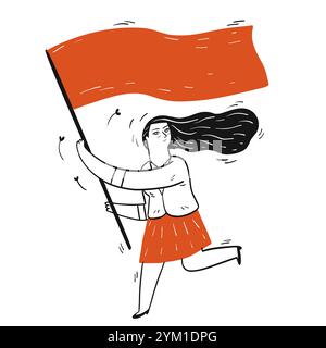 Collezione di una ragazza disegnata a mano che corre tenendo la bandiera. Illustrazioni vettoriali nello stile del doodle dello schizzo. Illustrazione Vettoriale