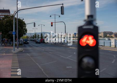 Budapest, Ungheria - 24 agosto 2024: Semaforo rosso per le biciclette all'incrocio, che ferma il traffico in bicicletta della città. Foto Stock