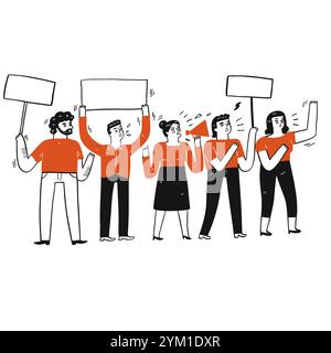 Raccolta di disegnati a mano un gruppo di persone che protestano. Illustrazioni vettoriali nello stile del doodle dello schizzo. Illustrazione Vettoriale