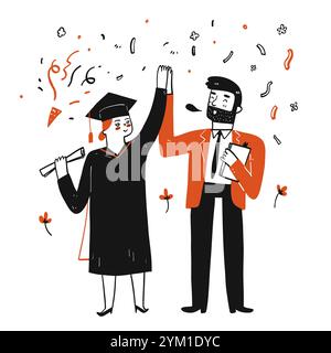 Collezione di disegnati a mano una ragazza laureata all'università con il suo insegnante di congratulazioni. Illustrazione Vettoriale