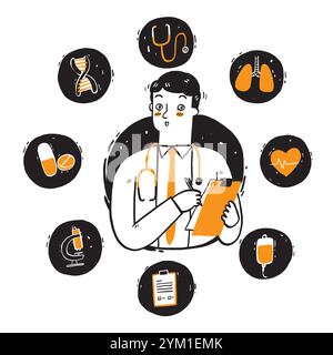 Medico con stetoscopio intorno al collo, set icona trattamento di malattie, concetto di servizi sanitari. Illustrazione Vettoriale