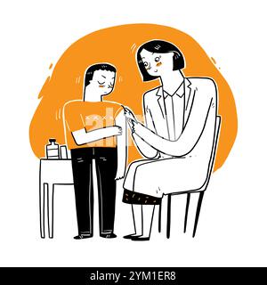 Medico donna che fornisce vaccino al paziente, influenza o influenza shot o che fa l'esame del sangue con ago. Infermiere con iniezione o siringa. Medicina, insulina o va Illustrazione Vettoriale