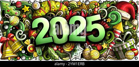 2025 scarabocchi illustrazione orizzontale. Design banner di oggetti ed elementi per il nuovo anno. Creativi cartoni animati per le vacanze invernali. Murale vettoriale colorato Illustrazione Vettoriale