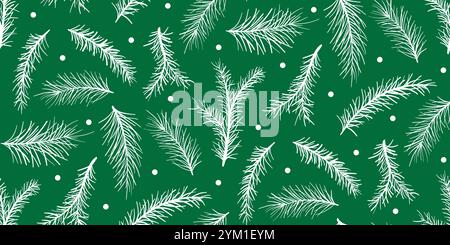 Silhouette bianca di rami di abete motivo senza cuciture. Sfondo verde con rami ad ago. Stampa di conifere naturali per tessuti, carta, imballaggi Illustrazione Vettoriale