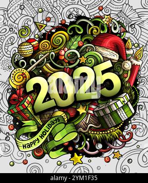 illustrazione di 2025 scarabocchi. Design di oggetti ed elementi per il nuovo anno. Creativi cartoni animati sfondo divertente. Adorabile arte vettoriale colorata Illustrazione Vettoriale
