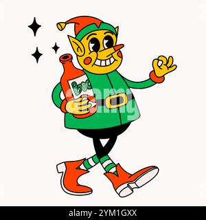 Elfo Santas ubriaco. Vivace personaggio dell'Elfo divertente d'annata con una bottiglia di vino. Illustrazione Vettoriale