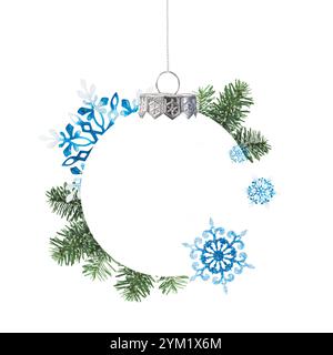 Fiocchi di neve ornamento decorativo blu e rami di abete appesi a forma di ornamento natalizio con spazio copia al centro isolato su dorso bianco Foto Stock