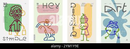 Poster astratti audaci con personaggi divertenti e lineari, scritte creative e forme vivaci e semplici. La tipografia retrò minimalista si fonde perfettamente con le moderne combinazioni di colori per la grafica di eventi Illustrazione Vettoriale