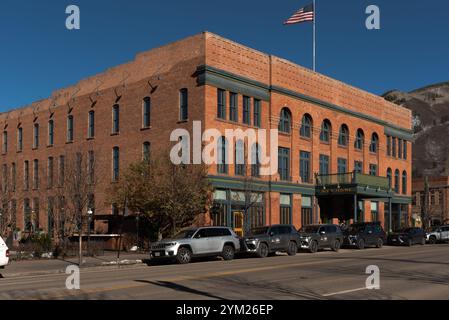 Hotel Jerome, uno storico hotel di lusso a tre piani gestito da Auberge Resorts nel centro di Aspen, Colorado, USA. Foto Stock