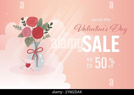 San Valentino, banner di vendita, sconti. Bouquet di fiori con una lettera d'amore. Illustrazione Vettoriale