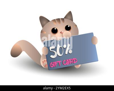 Un gatto dei cartoni animati ha una carta regalo nelle zampe. Illustrazione vettoriale su sfondo bianco Illustrazione Vettoriale