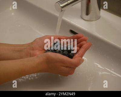 Una ragazza lava i mirtilli in un lavandino. Mani sott'acqua da vicino. Foto Stock