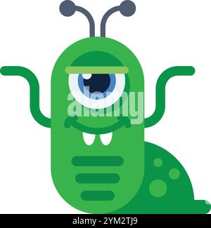 Illustrazione a cartoni animati di un mostro verde con un occhio che ondeggia e sorride, con antenne, denti e un'espressione giocosa, perfetta per i bambini Illustrazione Vettoriale
