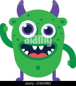 Illustrazione a cartoni animati di un simpatico mostro verde con corna viola e grandi occhi che sventolano e sorridono, ideale per i prodotti per bambini o per i disegni giocosi Illustrazione Vettoriale