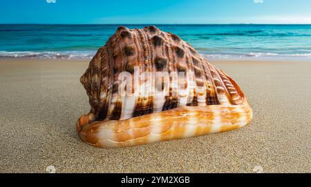 Primo piano di un guscio di un casco a bocca aperta (Cypraecassis rufa) su una spiaggia sabbiosa con l'oceano sullo sfondo Foto Stock