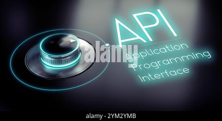 API, Application Programming Interface - manopola rotante e parola luminosa - illustrazione 3D. Foto Stock