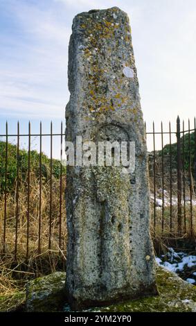 Lypiatt Cross, Bisley, Gloucestershire, Inghilterra, Regno Unito: N faccia del gambo gravemente usurato di una croce predicatrice C8th usata come marcatore di confine. Foto Stock